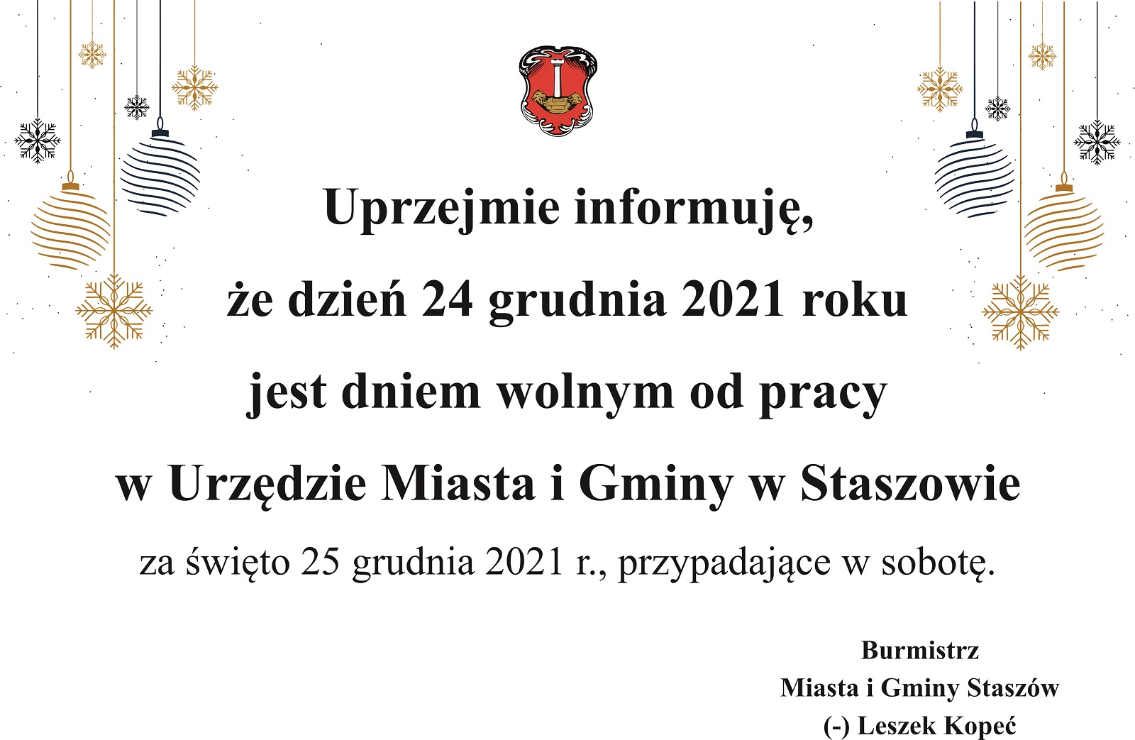 OGŁOSZENIE O DNIU WOLNYM OD PRACY